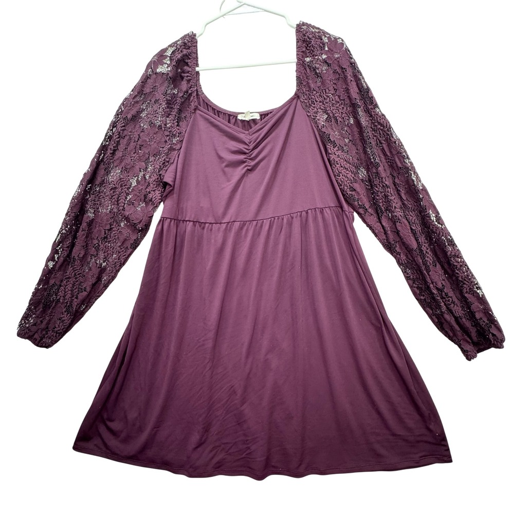 Maurices Dress Womens XL Dark Purple Sheer Lace Sleeve Ruched Boho Whimsigoth